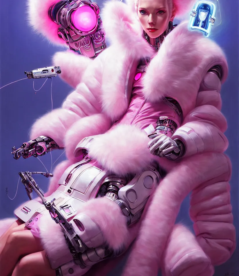 Image similar to beautiful fantasy character portrait of a female cyborg, wearing pink puffy bomber jacket with white fur, seductive reclining pose, lasers, ultra realistic, dramatic lighting, robots, the fifth element artifacts, highly detailed by peter mohrbacher, hajime sorayama, wayne barlowe, boris vallejo, aaron horkey, gaston bussiere, craig mullins