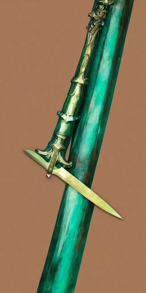 Prompt: photograph of a wide green and teal crystal sword blade attached to a big gold sword hilt