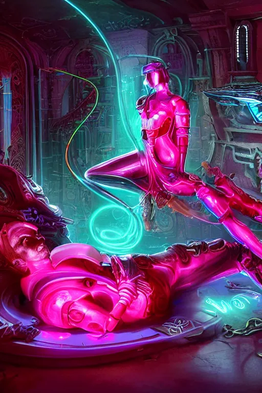 Image similar to fantasy medeival and cyberpunk style red neon statue of a muscular attractive tan male macho dotado android reclining sim roupa con piroca dura, glowing pink face, white baseball cap, green steampunk lasers, emeralds, swirling white silk fabric. futuristic elements. prismatic liquid rainbow light, full-length view. space robots. human skulls. dragon. throne made of swords, intricate artwork by caravaggio. Trending on artstation, octane render, cinematic lighting from the right, hyper realism, octane render, 8k, depth of field, 3D