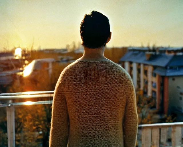 Image similar to award - winning lomographic tarkovsky film still of 4 0 years russian man with beard and sweater standing on small hrushevka 9 th floor balcony in taiga looking at sunset, cinestill, bokeh