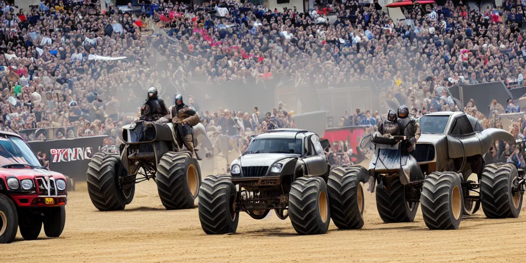 Prompt: medieval cavalry at a monster truck rally