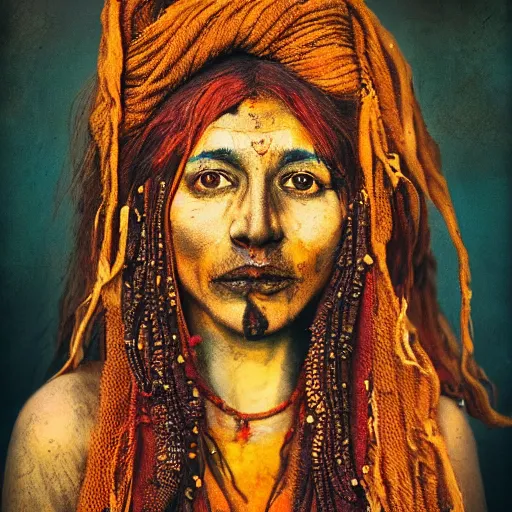 Image similar to realistic exposed expired fuji film portrait of aghori tantrik india woman, tentacled creature mix, marigold celestial vibe, hyperrealism, hypermaxiymalism, photorealistic, detailed, atmospheric, 8 k, award winning photography, cinematic