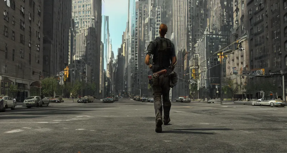 Image similar to the german shepherd of i am legend in new york, graphic novel style, octane render, unreal engine, sundown, empty streets