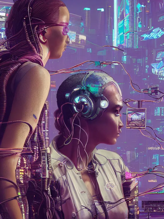 Image similar to a cyberpunk 2077 illustration half body portrait of two veiled female android queen pray with complex mess of cables and wires behind them connected to giant computer, film lighting, by laurie greasley,Lawrence Alma-Tadema,William Morris,Dan Mumford, trending on atrstation, full of color, mythological, high detailed,golden ratio,cinematic lighting