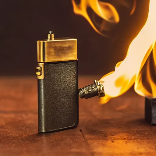 Image similar to a steampunk lighter, product photo, man lighting a cigarette, burnished bronze, flame