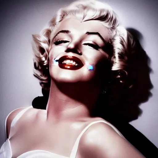 Image similar to beautiful centered photo of marilyn monroe with liquid chocolate dripping running down her face, in white room, soft box lighting, shallow depth of field