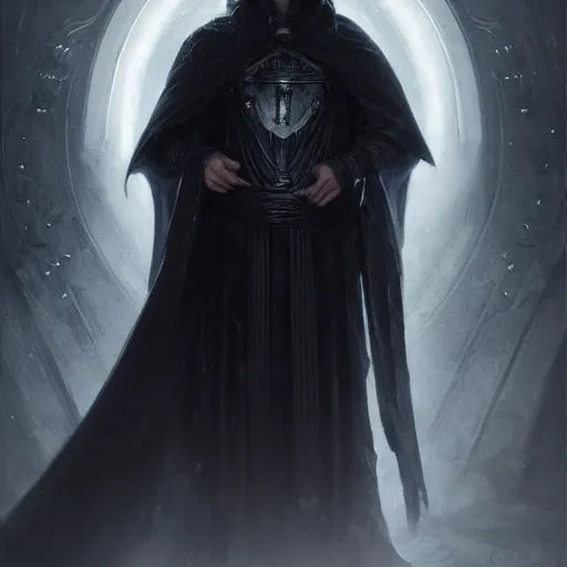 Prompt: portrait of an aasimar in a black cloak, male, silver hair, glowing eyes, detailed face, highly detailed, cinematic lighting, digital art painting by greg rutkowski.