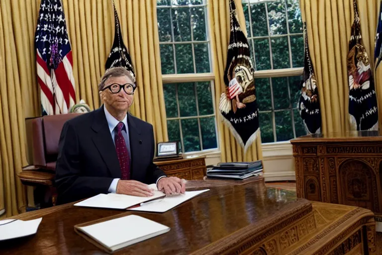 Image similar to president bill gates gives an emergency oval office address, sitting at the resolute desk, circa 2 0 2 2, professional photo, dslr, bokeh
