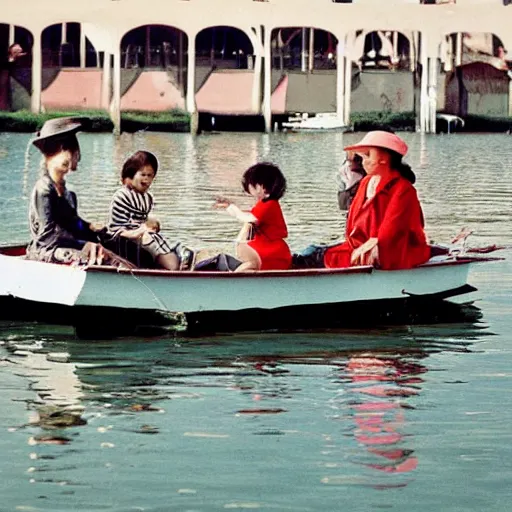 Prompt: The installation art depicts a group of well-dressed women and children enjoying a leisurely boat ride on a calm day. The women are chatting and laughing while the children play with a toy boat in the foreground. hunter green, cardinal by Moebius angular