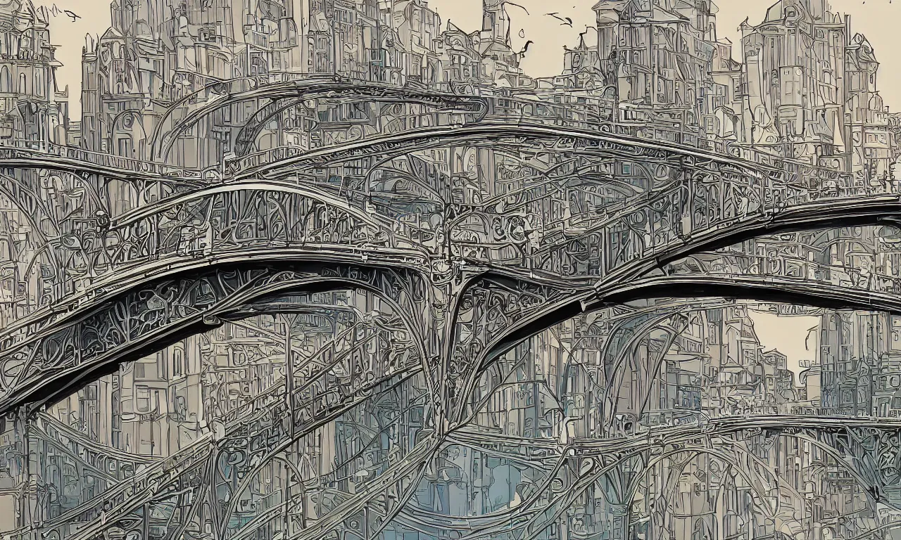 Prompt: art nouveau bridge, twiddle a twoddle, busy cityscape, digital art, 3 d illustration