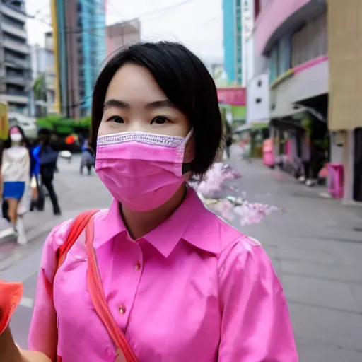 Prompt: taiwanese young woman wears pink medical mask, in the streets