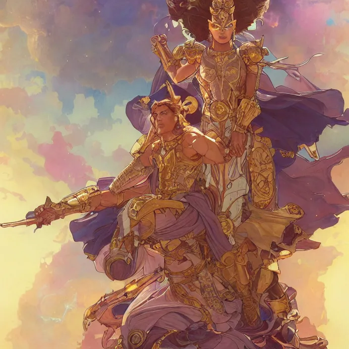 Prompt: gatot kaca as super heroes, closed up portrait,, highly detailed, gold filigree, romantic storybook fantasy, soft cinematic lighting, award, disney concept art watercolor illustration by mandy jurgens and alphonse mucha and alena aenami, pastel color palette, featured on artstation