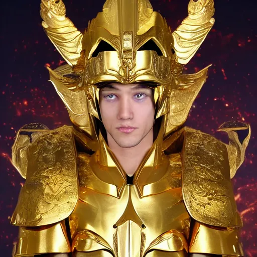 Image similar to A radiant, extreme long shot, photo of a 27-year-old Caucasian male wearing the Gemini Gold Armor, Beautiful gold Saint, Jaw-Dropping Beauty, gracious, aesthetically pleasing, dramatic eyes, intense stare, immense cosmic aura, from Knights of the Zodiac Saint Seiya, inside the Old Temple of Athena Greece,4k high resolution, exquisite art, art-gem, dramatic representation, hyper-realistic, atmospheric scene, cinematic, trending on ArtStation, Pinterest and Shutterstock, photoshopped, deep depth of field, intricate detail, finely detailed, small details, extra detail, ultra detailed, attention to detail, detailed picture, symmetrical, octane render, arnold render, unreal engine 5, high resolution, 3D, PBR, path tracing, volumetric lighting, golden hour, 8k, Photoshopped, Award Winning Photo, groundbreaking, Deep depth of field, f/22, 35mm, make all elements sharp, at golden hour, Light Academia aesthetic, Socialist realism, by Annie Leibovitz S 3789729843