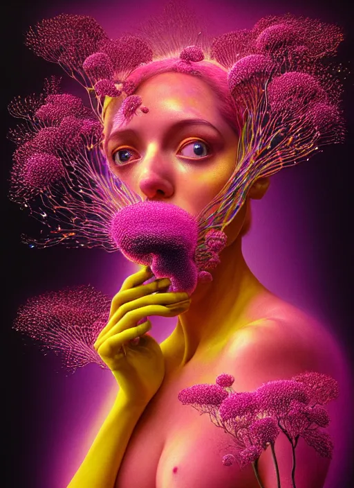 Image similar to hyper detailed 3d render like a Oil painting - Aurora (Singer) seen Eating of the Strangling network of yellowcake aerochrome and milky Fruit and Her delicate Hands hold of gossamer polyp blossoms bring iridescent fungal flowers whose spores black the foolish stars by Jacek Yerka, Mariusz Lewandowski, Houdini algorithmic generative render, Abstract brush strokes, Masterpiece, Edward Hopper and James Gilleard, Zdzislaw Beksinski, Mark Ryden, Wolfgang Lettl, hints of Yayoi Kasuma, octane render, 8k