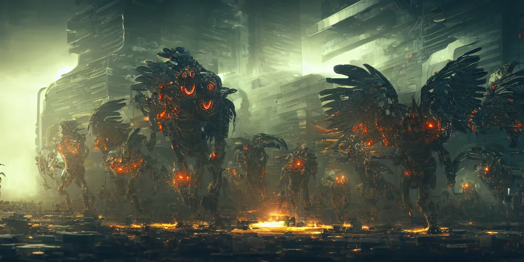 Image similar to an army of evil, malevolent, giant cyborg owls surrounded by computers and computer screens. this 4 k hd image is trending on artstation, featured on behance, well - rendered, extra crisp, features intricate detail and the style of unreal engine. volumetric lighting octane render