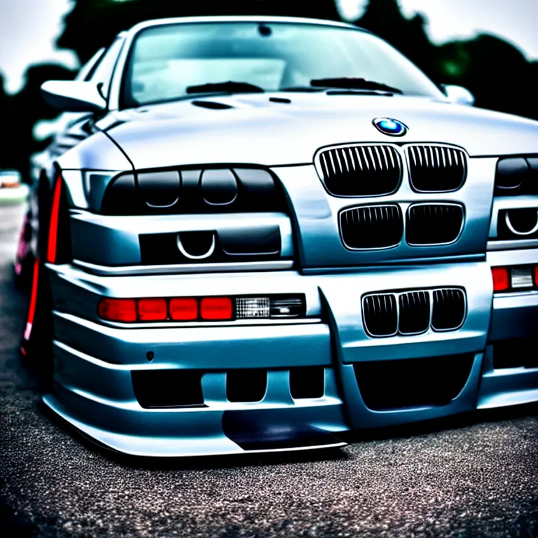 Prompt: close-up-photo BMW E36 widebody illegal JDM meet, Saitama prefecture, misty night, cinematic color, photorealistic, high detailed wheels, highly detailed bodykit,