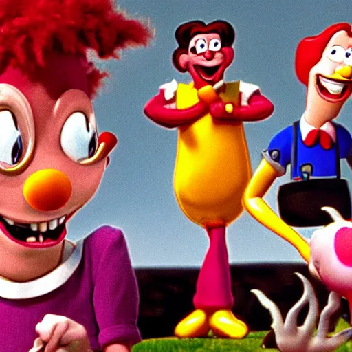 Prompt: Courage the cowardly dog growling at Ronald McDonald while Carl wheezer is mesmerized by Jimmy neutrons Mom