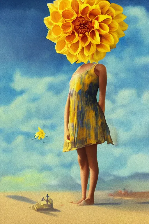 Image similar to closeup girl with huge yellow dahlia flower under face, on beach, surreal photography, blue sky, sunrise, dramatic light, impressionist painting, digital painting, artstation, simon stalenhag