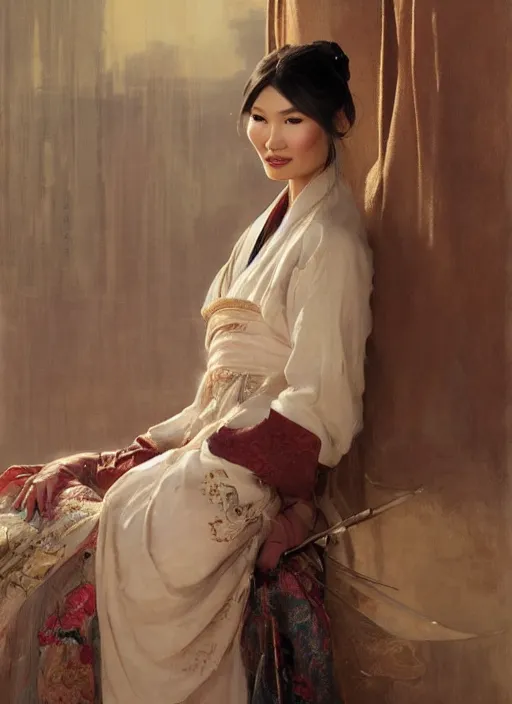 Prompt: detailed portrait of gemma chan wearing hanfu, natural light, painting by gaston bussiere, craig mullins, j. c. leyendecker