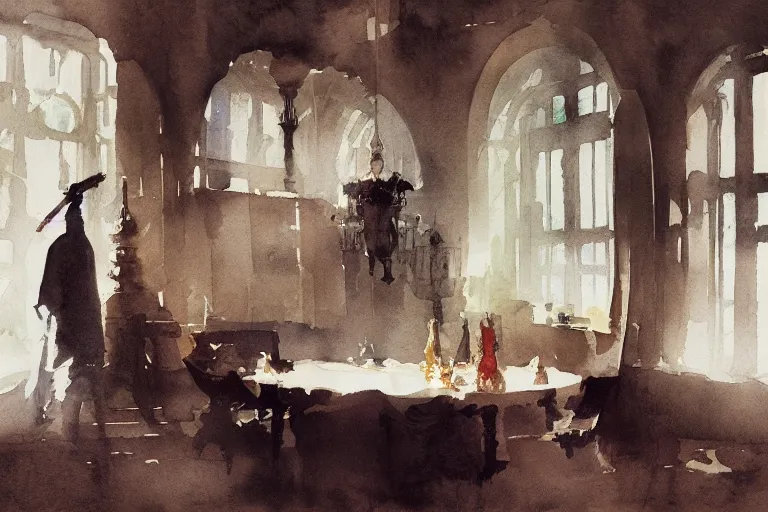 Prompt: abstract watercolor painting of hedonic scandinavian king house interior, in stone, low ceiling, magical and traditional, cinematic light, national romanticism by anders zorn, by greg rutkowski, by greg manchess