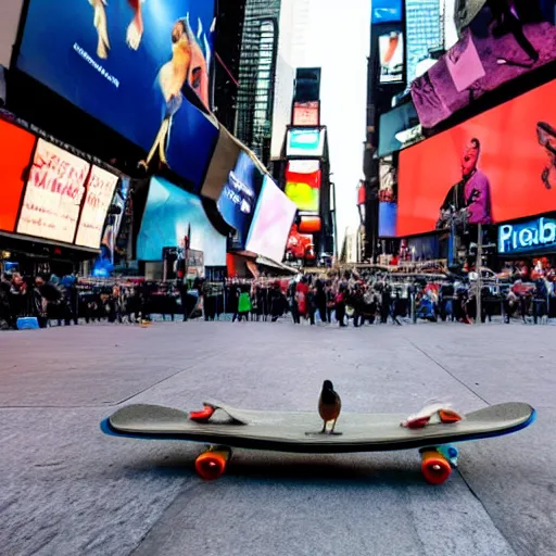 Image similar to a bird on a skateboard in times square