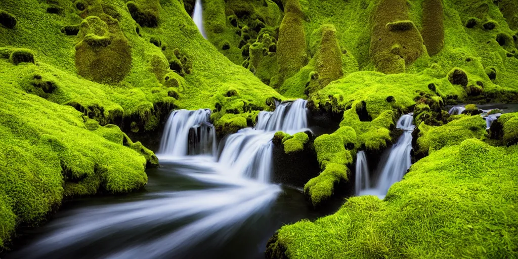 Image similar to photo of a landscape with lush forest, wallpaper, very very wide shot, iceland, new zeeland, green flush moss, national geographic, award landscape photography, professional landscape photography, waterfall, stream of water, hibiscus flowers, big sharp rock, ancient forest, primordial, sunny, day time, beautiful