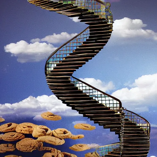 Image similar to a girl walking up an infinity staircase made of cookies in the clouds, digital art