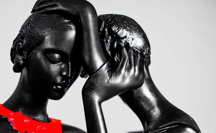 Image similar to close up portrait of extremely beautiful female black marble statue in the style of virgil abloh, colorful motocross logos behind her, sharp focus, clear, detailed,, cinematic, detailed, off white, glamourous, symmetrical, vogue, editorial, fashion, magazine shoot, glossy