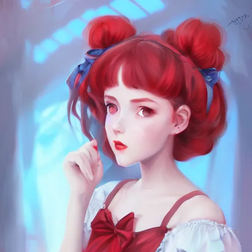 Image similar to a girl wearing lolita clothes, red hair, blue eyes, highly detailed, digital painting, artstation, concept art, smooth, sharp focus, illustration