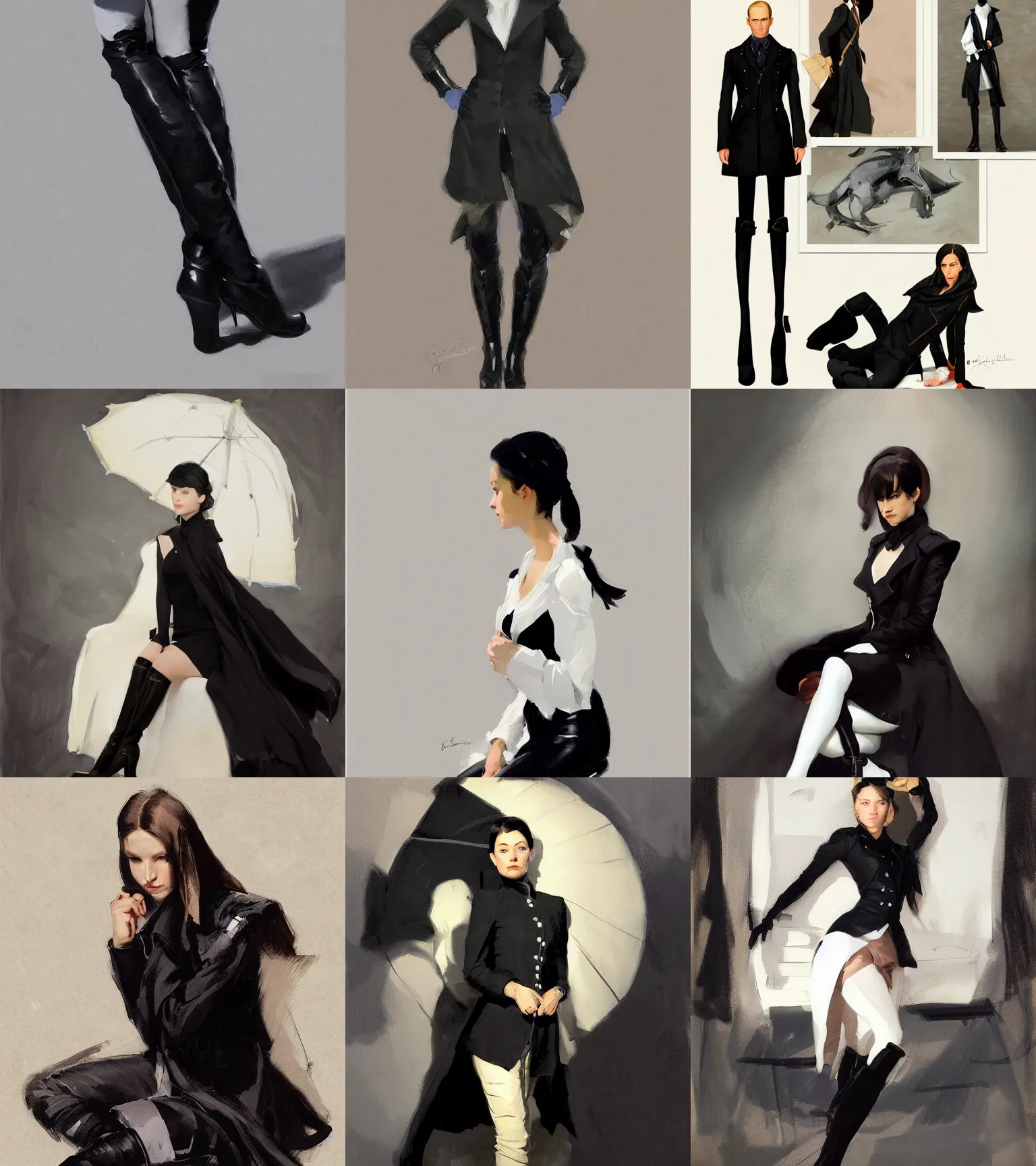 Image similar to black white cloth fabric jodhpurs knee high boots travel coat fashion, portrait in sitting pose, greg manchess painting by sargent and leyendecker, studio ghibli, fantasy, asymmetrical, intricate, elegant, matte painting, illustration, hearthstone, by greg rutkowski, by greg tocchini, by james gilleard, by joe fenton