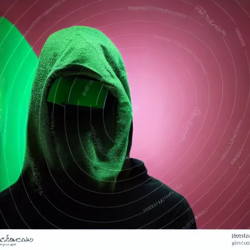 Prompt: realistic photo of hacker in anonymous mask, dark background, hood, computer, green screen, extremely detailed, sharp focus, masterpiece,