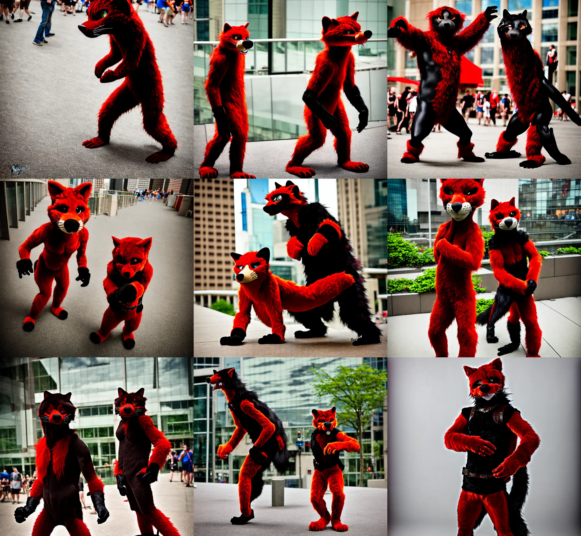 Prompt: fullbody photoshoot photo portrait of a roguish male red - black furred bipedal weasel furry fursuiter, taken at anthrocon ( furry convention )
