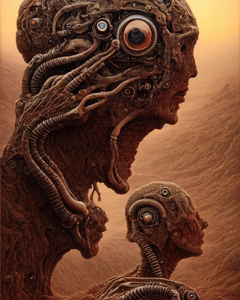 Image similar to ultra realist intricate detailed portrait of a single rugged attractive female on an alien landscape, insanity, accurate features, apocalyptic, very intricate details, 8 k resolution, dim lighting, volumetric lighting, artstyle zdzisław beksinski and keith thompson, award winning