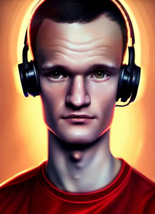 Image similar to portrait of vitalik buterin with hazel eyes, hazel colored eyes, red shirt, headphones, intricate, elegant, glowing lights, highly detailed, digital painting, artstation, concept art, smooth, sharp focus, illustration, art by wlop, mars ravelo and greg rutkowski