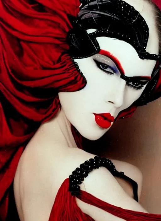 Image similar to an 8 0 s portrait of a woman with dark eye - shadow and red lips with dark slicked back hair, a mask made of wire and beads, dreaming by serge lutens, rolf armstrong, delphin enjolras, peter elson, red cloth background, surreal flat color