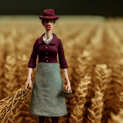 Image similar to a cinematic film still of a claymation stop motion film starring anne hathaway as female farmer with pitchfork, shallow depth of field, 8 0 mm, f 1. 8