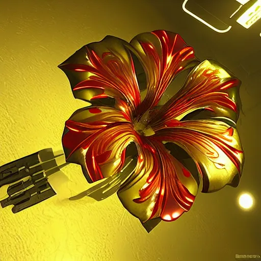 Image similar to a hibiscus flower, cybernetic, made of metal, shiny, glowing, unreal engine