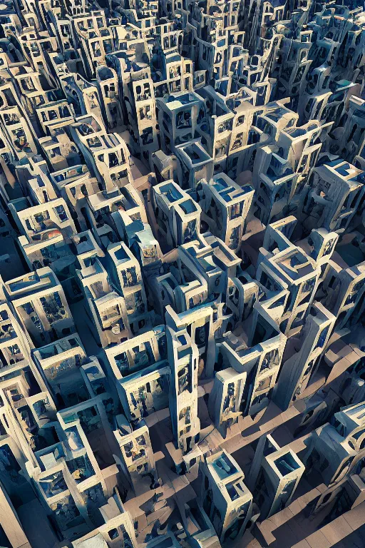 Image similar to birds eye view of 3D buildings by Dali, trippy 3D shapes and stairs, Trending on artstation. halo. octane render, cinematic, hyper realism, octane render, 8k, depth of field, 3D