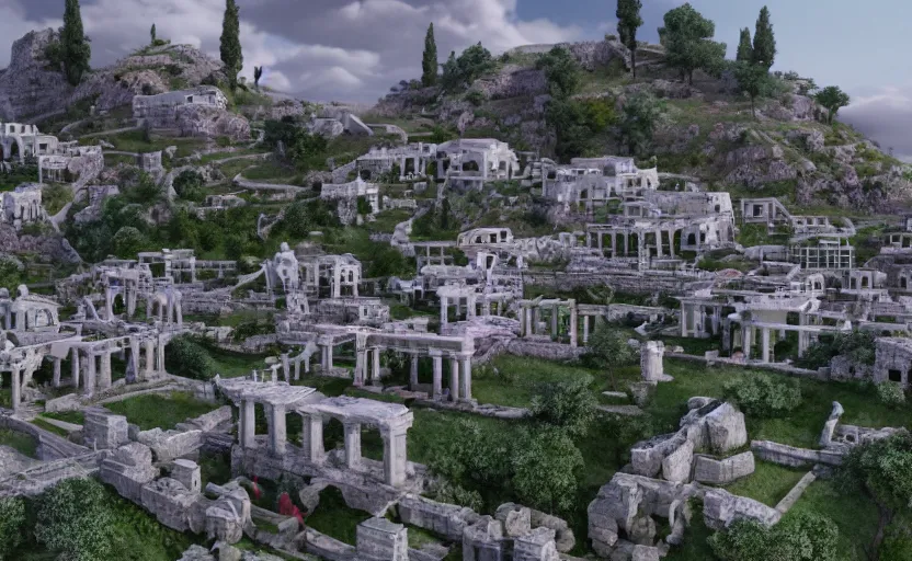 Image similar to ancient greek inspired robotic village, white, purple roofs, beams, tubes, pipes, built on a steep hill, on top of the hill is a greek temple, pillars, technology, in the style of Pixar, hyper realistic, Unreal Engine 5, octane render, trending on art station