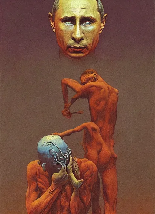 Image similar to Painting in a style of Beksinski featuring Vladimir Putin. Suffering and pain