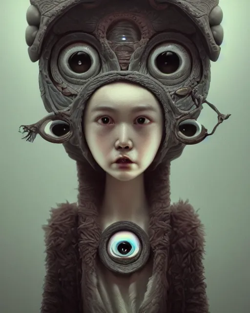 Image similar to portrait of funny giant cute eyes ceramic doll wizard, intricate abstract. intricate artwork, by tooth wu, wlop, beeple, dan mumford. concept art, octane render, trending on artstation, greg rutkowski very coherent symmetrical artwork. cinematic, key art, hyper realism, high detail, octane render, 8 k, iridescent accents