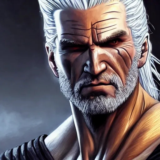 Image similar to ultra realistic portrait painting of geralt of rivia, art by akira toriyama, 4 k, dragon ball artstyle, cel shaded, highly detailed, epic lighting