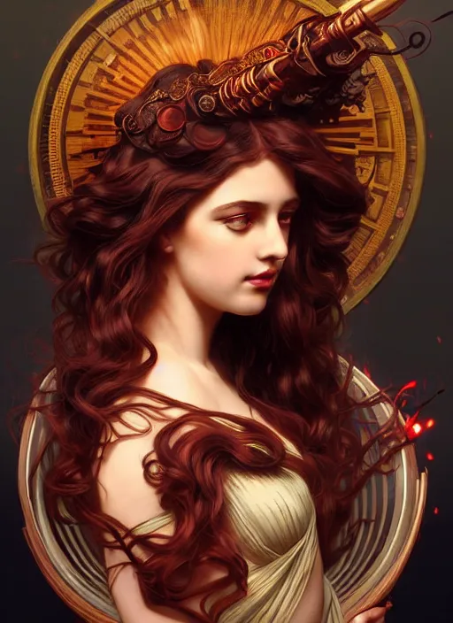 Image similar to the greek goddess hestia, hair made of fire, steampunk, beautiful glowing eyes, volumetric lights, red and cyan theme, art nouveau botanicals, intricate, highly detailed, digital painting, artstation, concept art, smooth, sharp focus, cinematic, illustration, beautiful face, art by artgerm and greg rutkowski and alphonse mucha