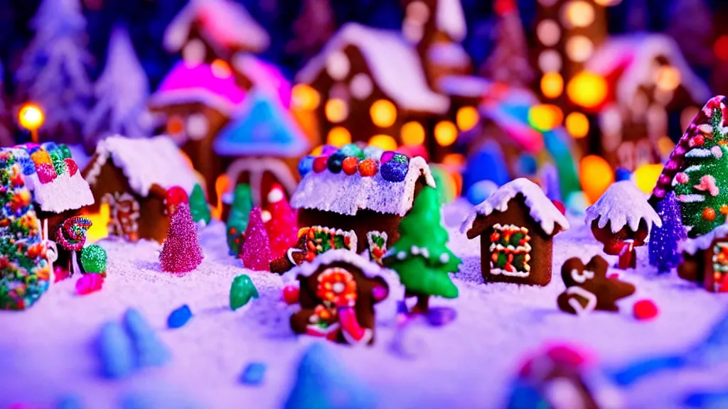 Prompt: closeup of colorful miniature gingerbread candy village at night, fantasy, fairytale, forest, halloween, snow, bokeh, depth of field 1 0 0 mm, cinematic scene, studio quality, visually stunning, unreal engine, octane render, trending on artstation, artgerm, cgsociety