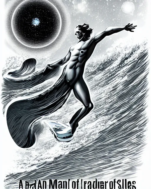 Image similar to a man made of silver surfing the cosmos