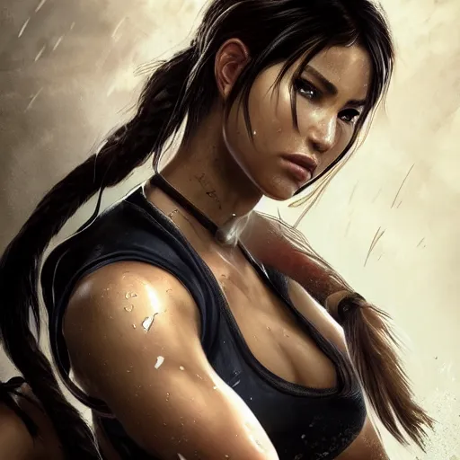 Prompt: ! dream lara croft as samurai, wet face, heavy rain, dramatic, intricate, highly detailed, concept art, smooth, sharp focus, illustration, unreal engine 5, 8 k