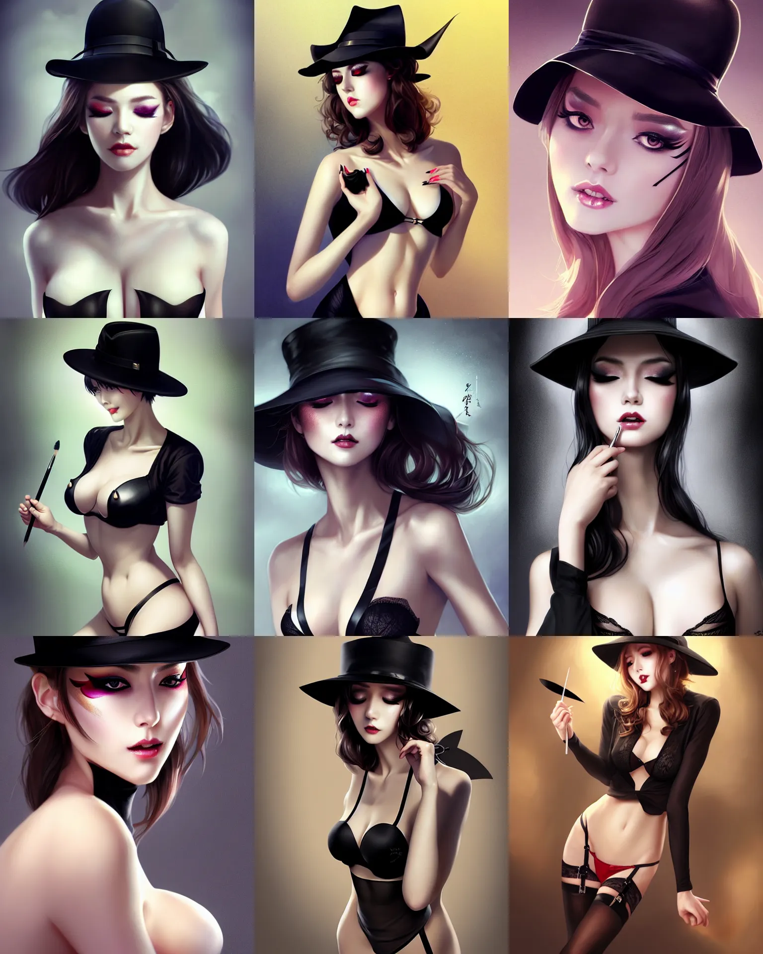 Prompt: lady with eyeliner makeup from genshin impact in fedora hat and black coat, seductive lingerie camisole, intricate, elegant confident pose, sharp focus, illustration, highly detailed, digital painting, concept art, art by wlop and artgerm and ross tran, masterpiece, fritz willis, charlie bowater, alberto mielgo