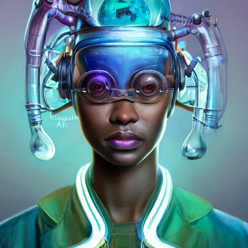Image similar to african biopunk biochemist, tormented test subjects, neon beakers, science fiction, highly detailed, digital painting, beautiful eyes, symmetry, concept art, sharp focus, illustration, global illumination, radiant light, synthwave colors, detailed and intricate environment, art by artgerm and greg rutkowski and magali villeneuve and ilya kuvshinov!