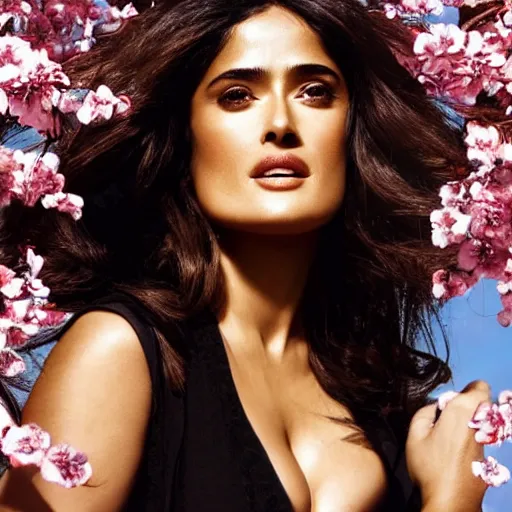 Image similar to fashion pose portrait of salma hayek by stefan kostic, realistic, body shot, sharp focus, 8 k high definition, insanely detailed, intricate, elegant, art by stanley lau and artgerm, cherry blossoms