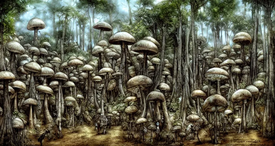 Image similar to A tribal village in a forest of giant mushrooms, by Luis Royo,